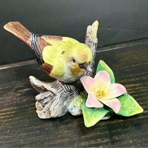 Ceramic  Goldfinch Bird  On A Branch with Pink Flower  Glazed  4.5”